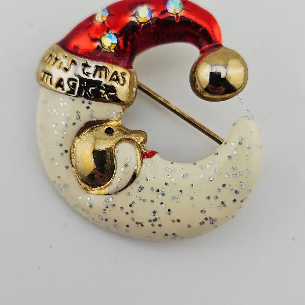 AAI Santa Hat Moon Brooch Pin Christmas Magic Celestial Glitter Enamel Vintage